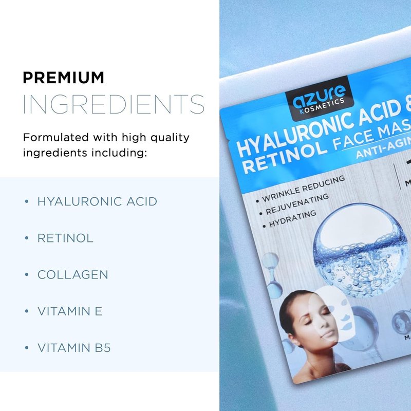 Azure Cosmetics 24K Gold, Caviar, Vitamin C, Hyaluronic Acid, Retinol & Collagen Anti-Aging Face Mask - Ultimate Variety Pack of 20 - Dermatologist Tested - Hydrating & Firming - Korean Skin Care