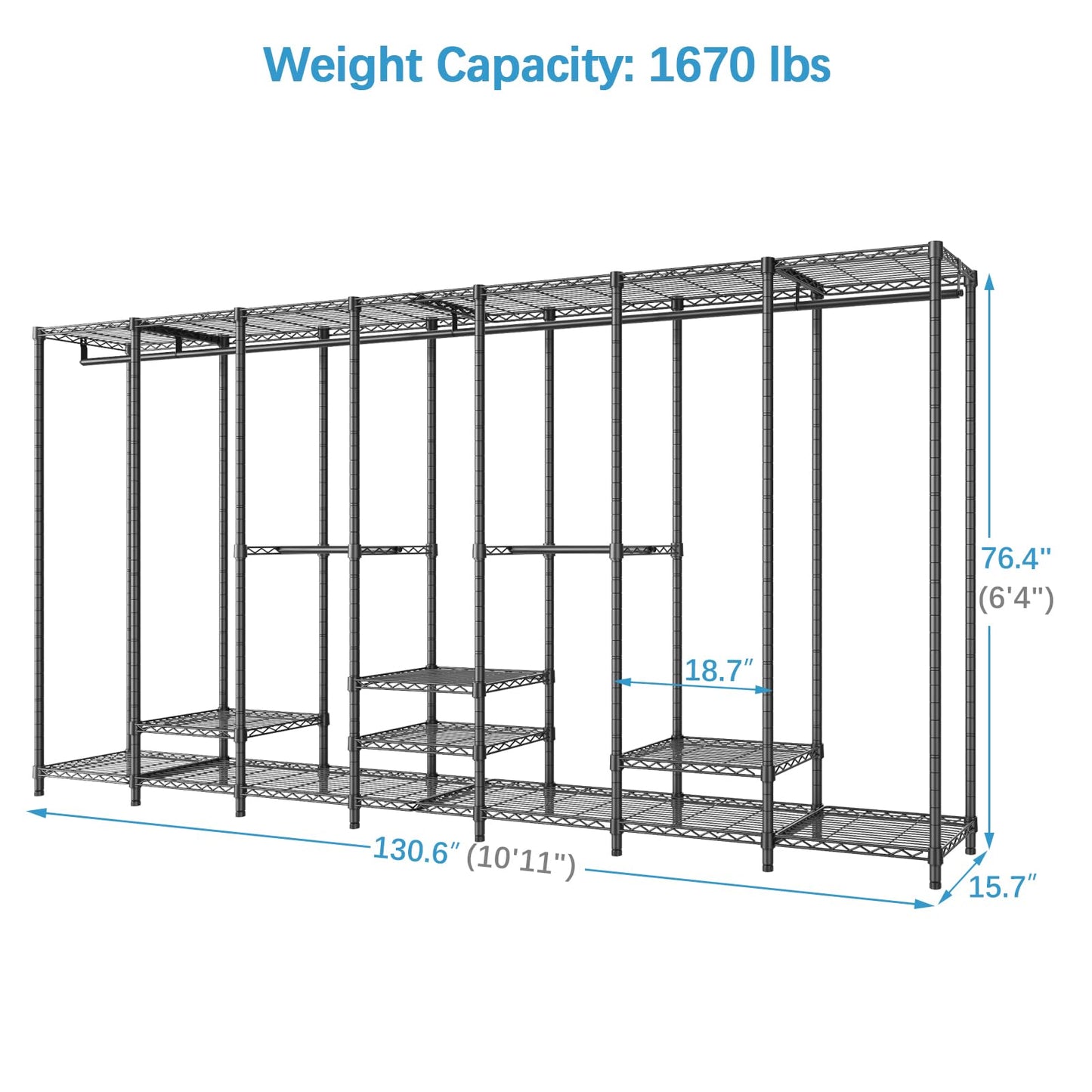 VIPEK V70 Extra Large Clothes Rack Heavy Duty Garment Rack, Freestanding Wardrobe Metal Closet for Hanging Clothes, Bedroom Organizer and Storage, Max Load 1670lbs, Black