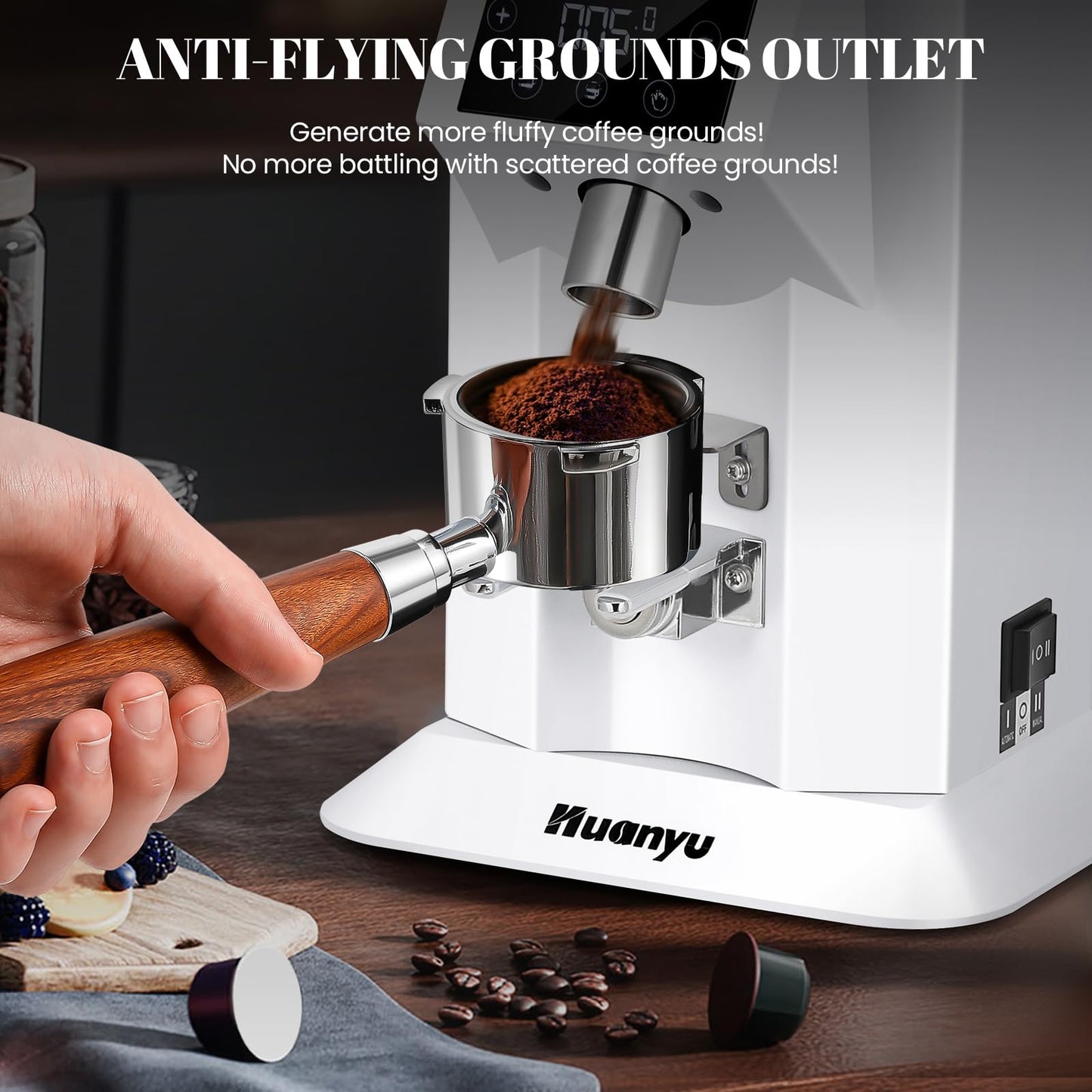 Huanyu Professional Coffee Grinder with 74mm Flat Burr 53ounce Bean Hopper 15 Infinite Grinding Settings Electric Coffee Grinder with Touching Screen White