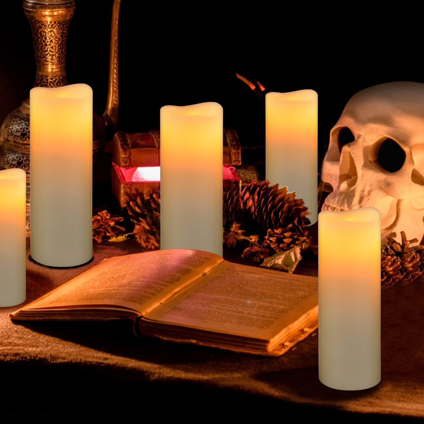 Hanzim Flameless Flickering Battery Operated Candles D2.2''*H4 5" 6"" 7"" 8"" 9"" Set of 9 Ivory Real Wax Pillar LED Candles with 10-Key Remote and Cycling 24 Hours Timer (Ivory)"