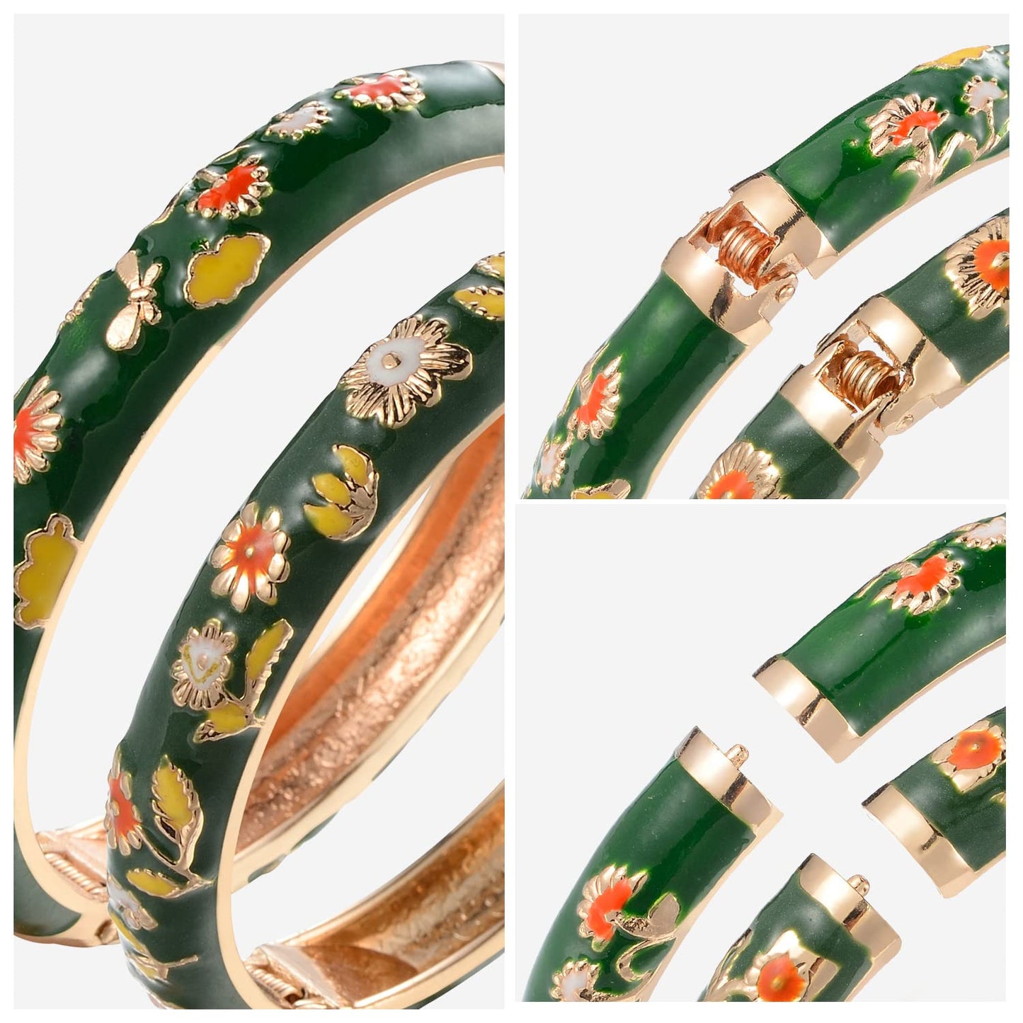 UJOY Vintage Cloisonne Bangles Bracelet Enamel Floral Spring Cuff Clasp Indian Jewelry for Women 55A18-55A120 Green