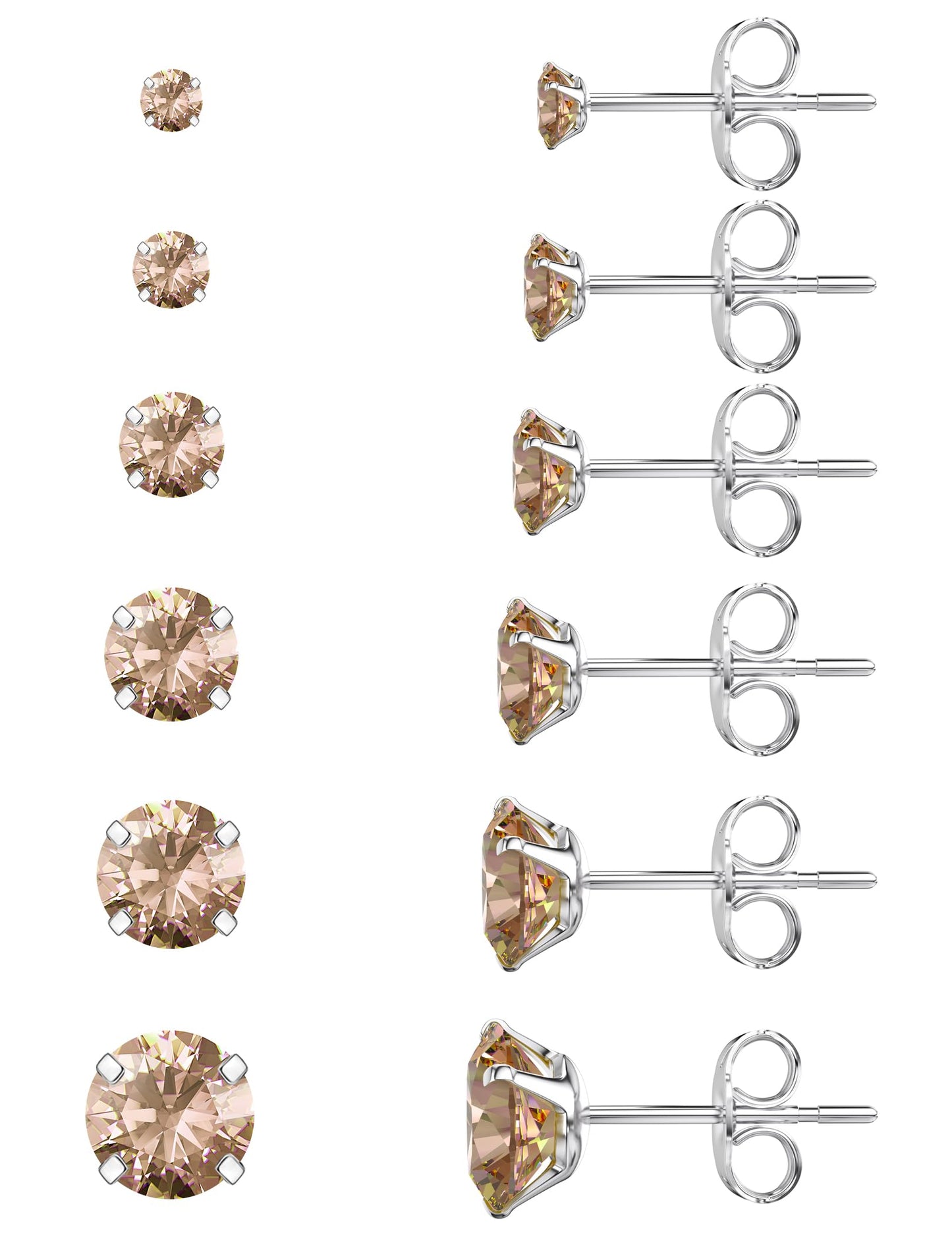 6 Pairs Stud Earrings Set Hypoallergenic Cubic Zirconia 316L Earrings Stainless Steel Earrings for Women (Champagne Color)