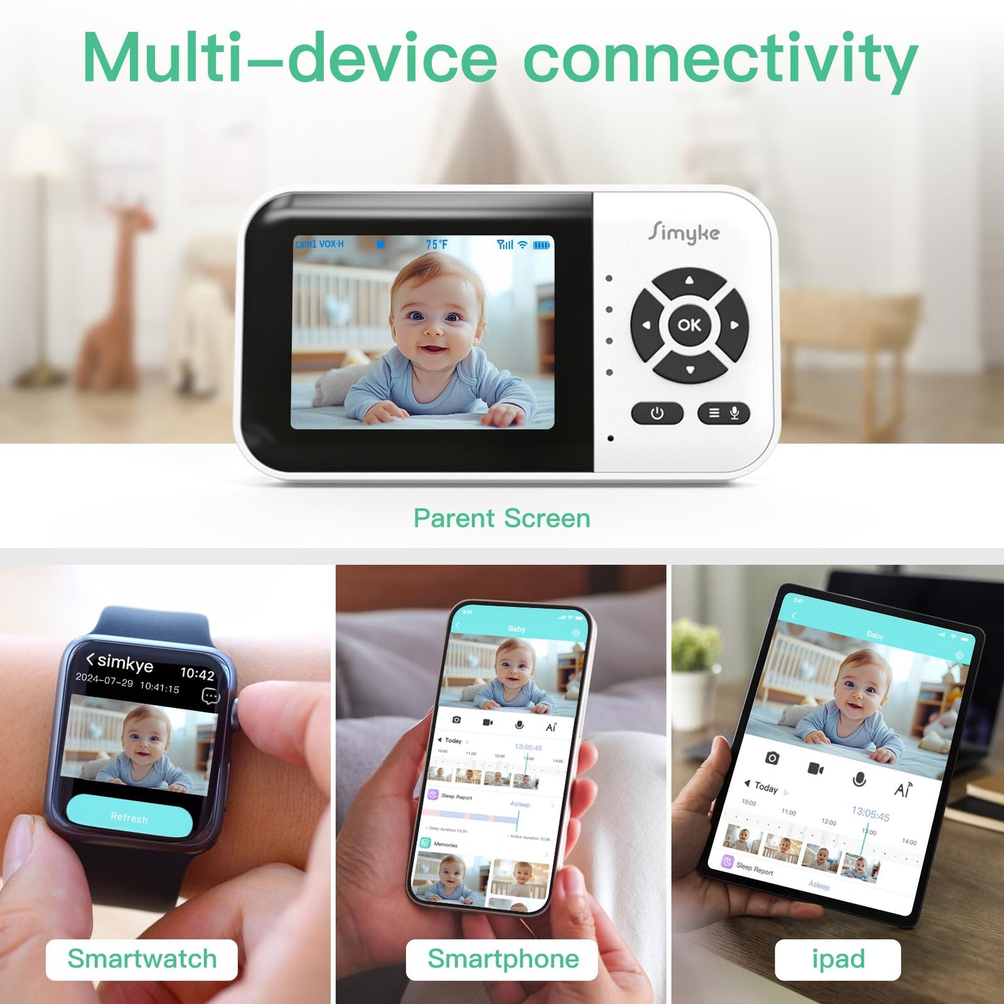 Simyke Smart Video Baby Monitor with Camera and Audio,Dual Mode,WiFi On/Off Switch,2.8inch Display,App,1080p Camera,1500ft Long Range,Night Vision,2-Way Talk,AI Baby Growth Album Function