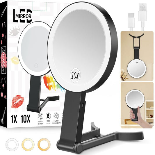 Lupow Travel Makeup Mirror with Lights, Lightened 10X/1X Double Sided Magnifying Mirror with 3 Colors, Brightness Adjustable Portable LED Mirror Gifts for Women Girls (Black)