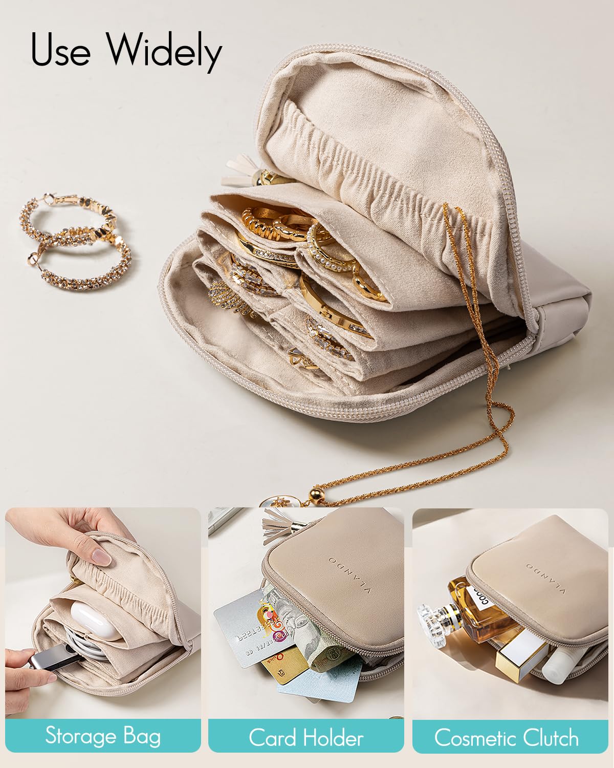 VLANDO Small Travel Jewelry Case,Mothers Day Gifts,Jewelry Pouch Bags with Zipper,Velvet Jewelry Organizer Storage Bag for Bracelet Rings Earring-Cream White