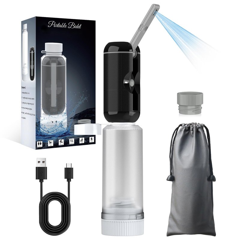 Portable Bidet for Travel, Rechargeable Travel Bidet Sprayer Fits Various Sizes of Water Bottles, Waterproof High Pressure Handheld Bidet for Women Men Personal Hygiene, Black