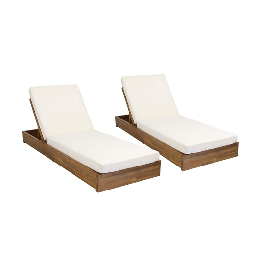 Abraham Outdoor Acacia Wood Chaise Lounge with Cushion (Set of 2), Teak and Cream
