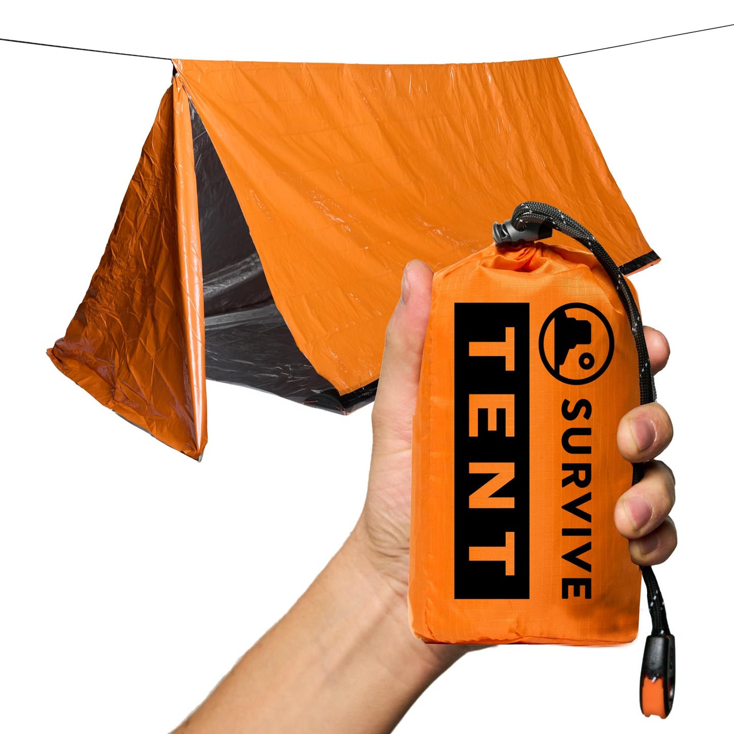SURVIVE Survival Tent with Doors, 2 Person Mylar Emergency Camping Hiking Shelter for Survival Kits, All Weather Thermal Protection, Includes 22 feet of Paracord and Whistle (Orange)