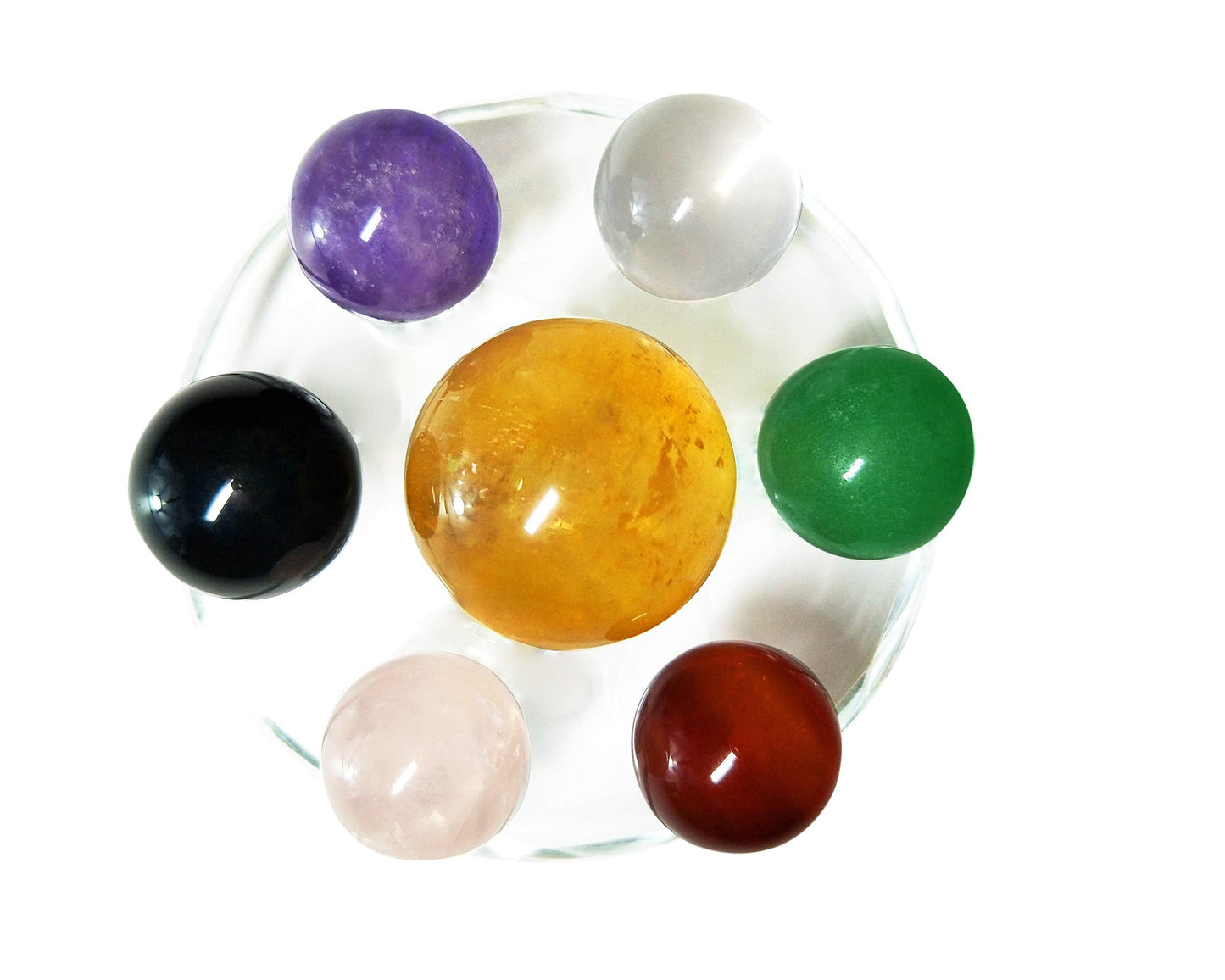 Mina Heal Set of 7 Natural Chakra Crystal Balls, Yellow Calcite, Black Obsidian, Rose Quartz, Clear Quartz, Green Aventurine, Amethyst and Red Agate Spheres for Meditation, Feng Shui and Home Décor