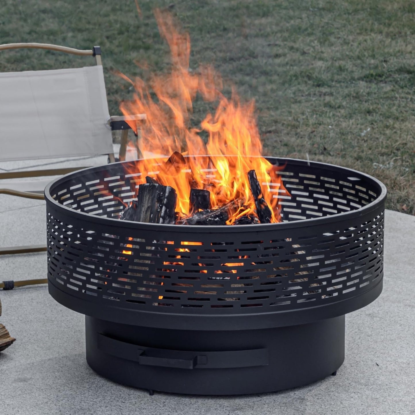 OutVue 32" Wood Burning Fire Pits with Grill & Lid, Fire Pit Table for Outside with Waterproof Cover & Fire Poker, Outdoor Firepit with Functions for BBQ,Table and Bonfire