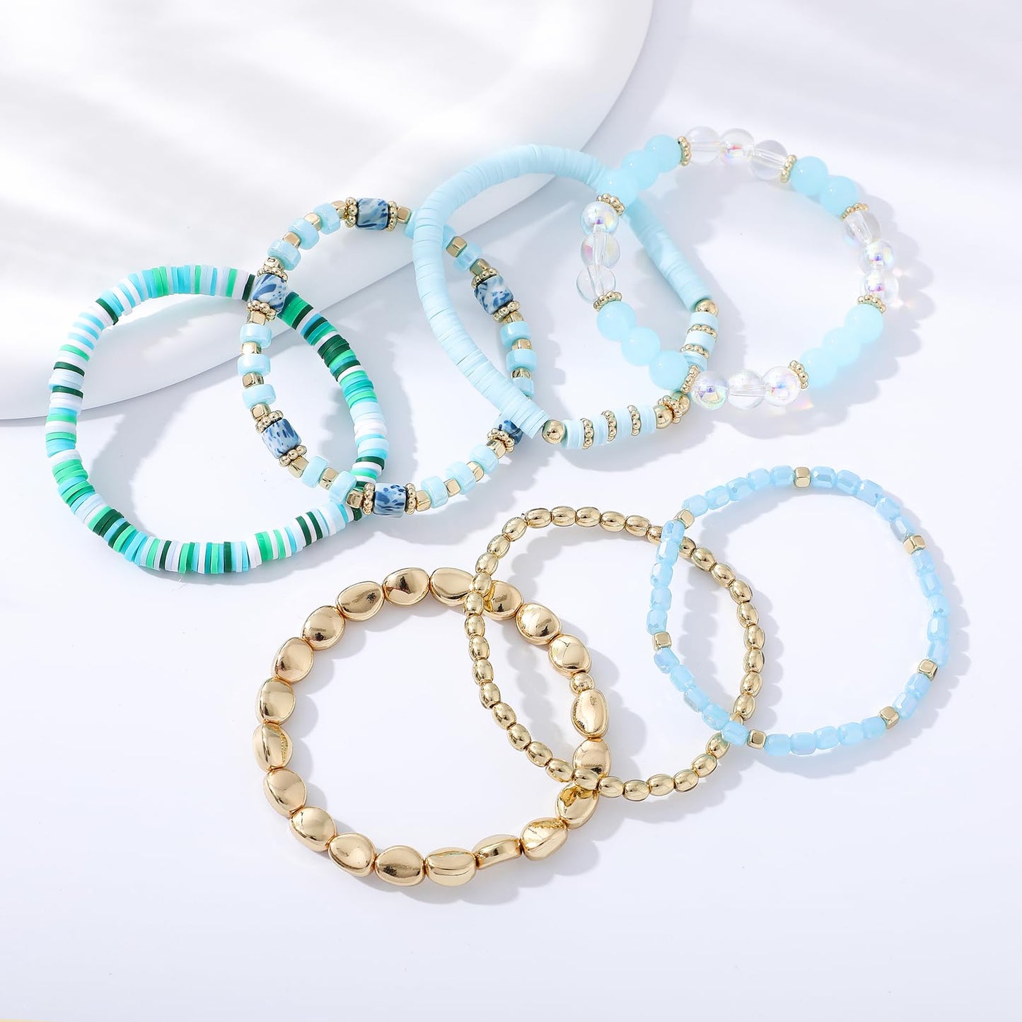GOOJIDS Surfer Heishi Clay Bead Bracelets for Women Bohemian Stackable Gold Plated Beaded Stretch Bracelets Elastic Layering Friendship Bracelets Set Boho Jewelry