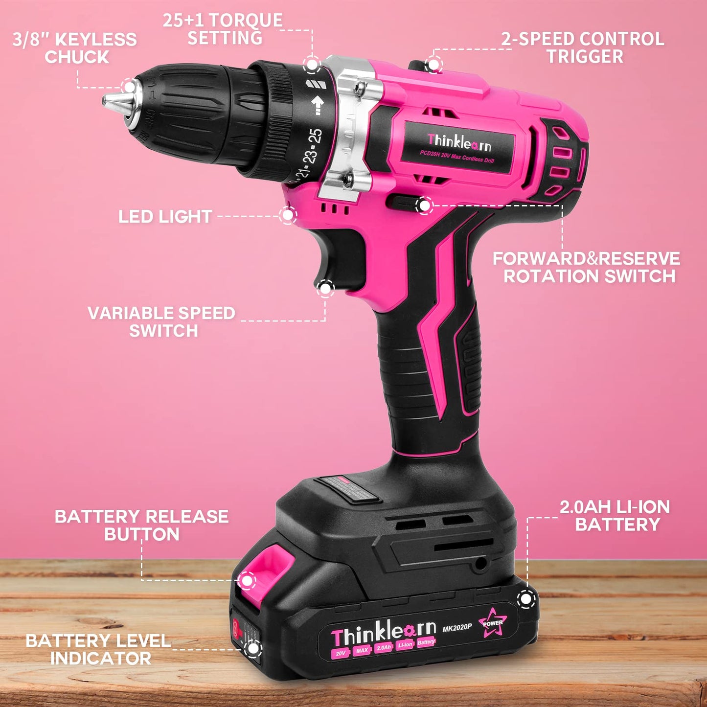 Pink Cordless Drill Set, 20V Lithium-ion Power Drill Set for Women with 67Pcs Driver Bits, 3/8"Keyless Chuck, 25+1 Position, 2.0Ah Battery, Charger and Storage Bag Included