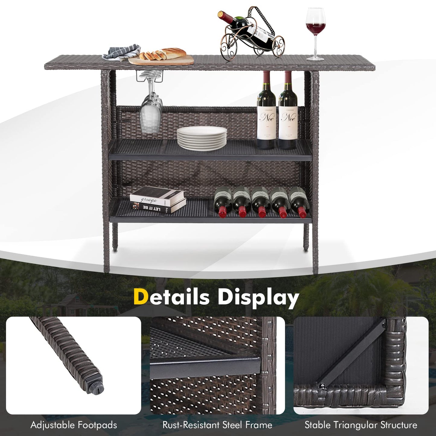 FANTASK Outdoor Wicker Bar, Paito Bar Table w/2 Storage Shelves, 2 Sets of Rails and Condole Cup Holders, Rattan Bar Counter Table for Backyard, Poolside, Garden