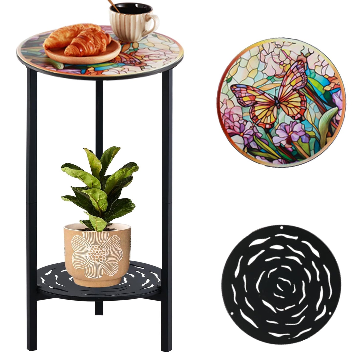 lucpur 2-Tier Metal Round Side Table Black Accent Coffee Tables Small Space Corner Plant Stand Shelf for Indoor Outdoor Use Patio Balcony End Table Butterfly Print Weather-Resistant