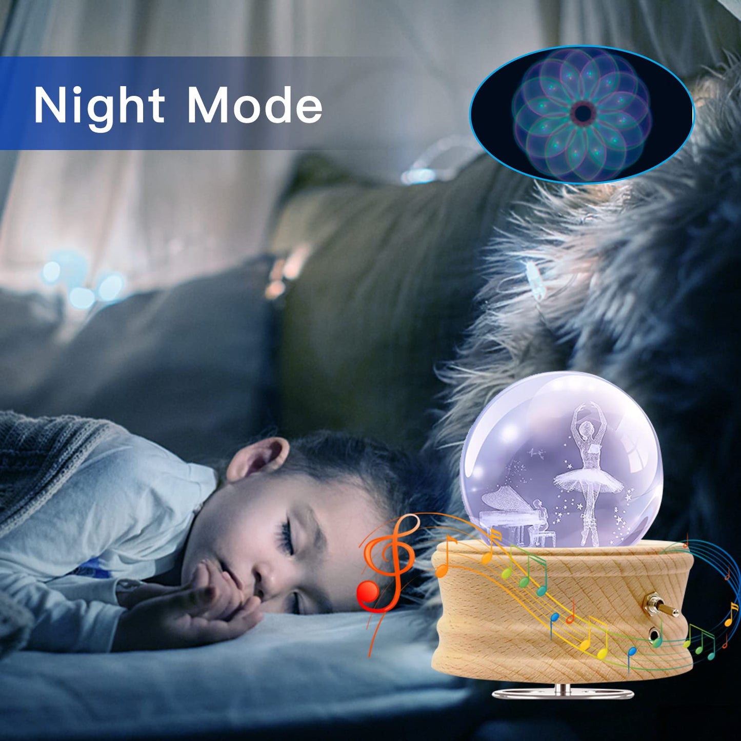 Music Box, 3D Crystal Ball Music Box with RGB Light Projection, 360 Rotating Wooden Base Night Light, Best Gift for Valentine's Day Birthday Girls Boys Women Mom, Room Decor