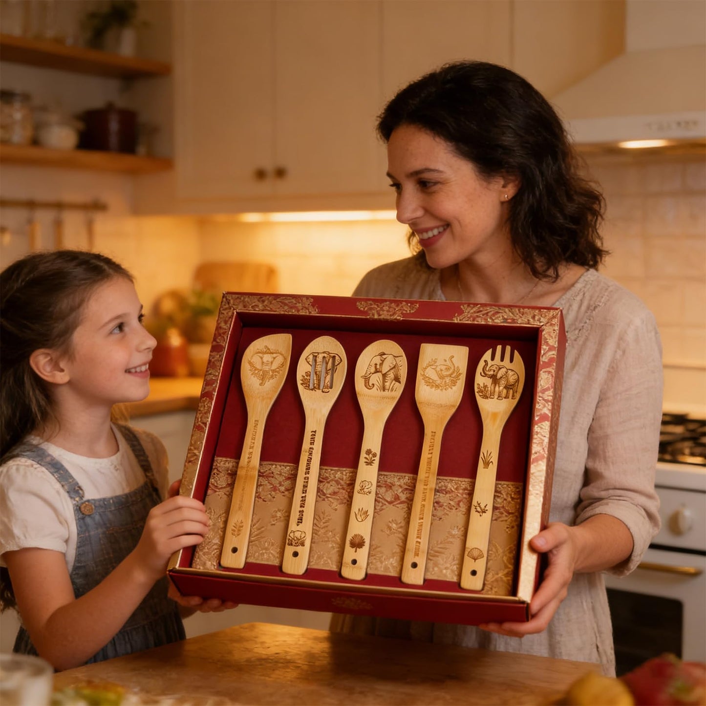 Bamboo Spoons for Cooking as Elephant Gifts for Women, 6 PCs Kitchen Utensils Set with Holder as Elephant Gifts, Wooden Cooking Utensils Set Home Decor, Birthday Housewarming Gifts for Women