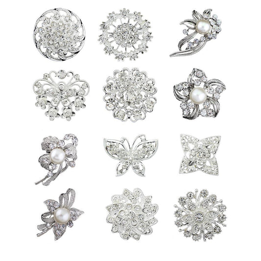 12pcs lot silver plated crystal rhinestone wedding brooches pins