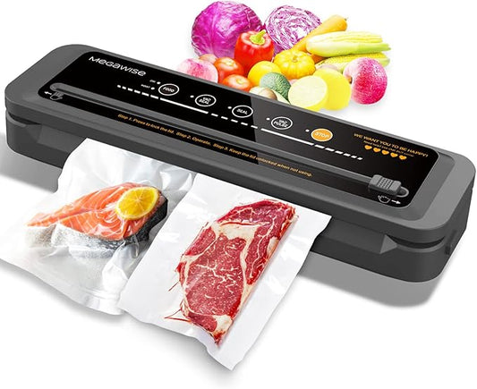 MegaWise Vacuum Sealer Machine,80kPa Suction Power, Bags & Cutter Included, Compact One-Touch Automatic Food Sealer with External Vacuum System, Dry Moist Fresh Modes for All Saving need (Pack of 12)