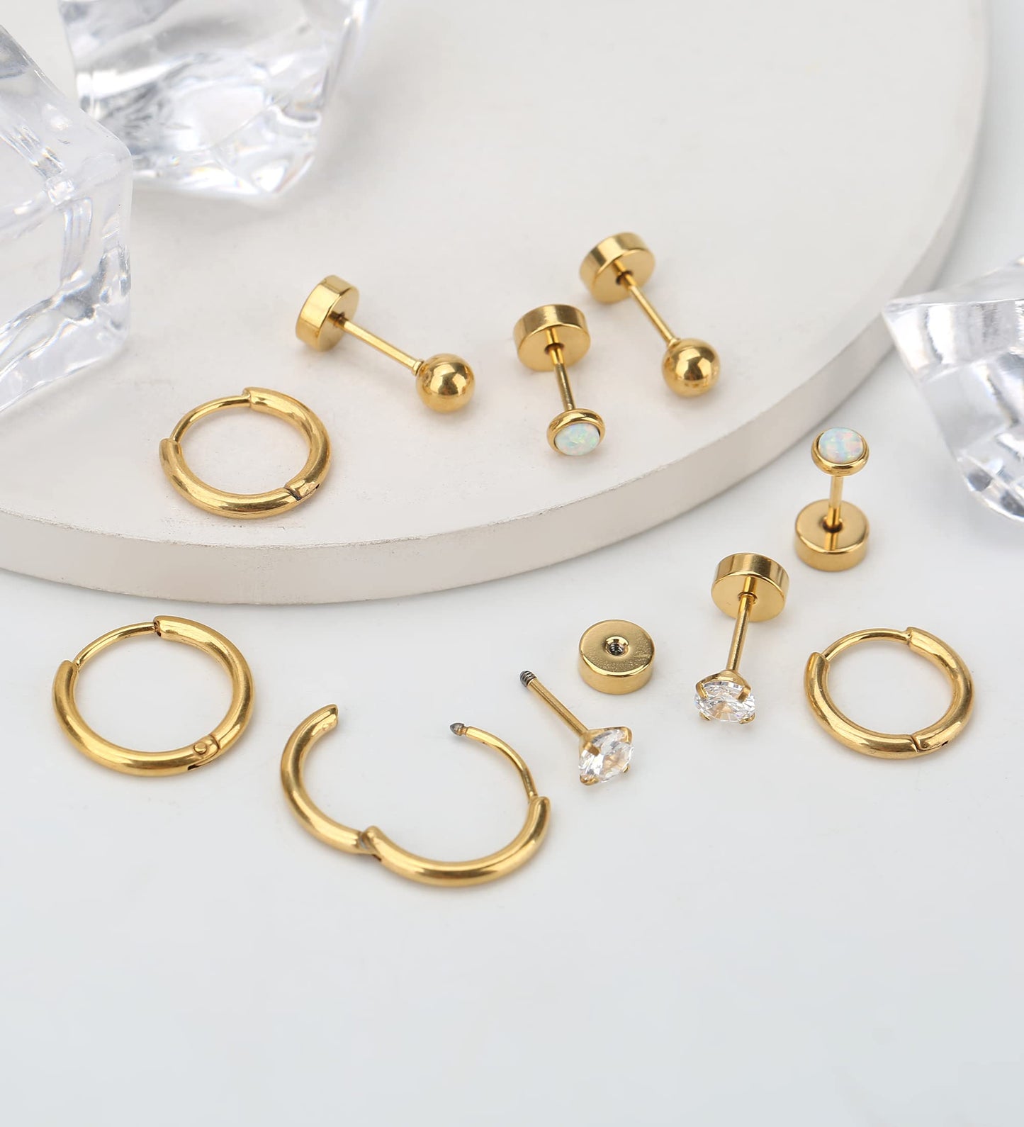 MJust Titanium Earrings for Sensitive Ears 20G Hypoallergenic Stud Hoop Earrings for Women Men Opal Ball CZ Heart Pearl Flat Back Earrings Cartilage Earrings Set
