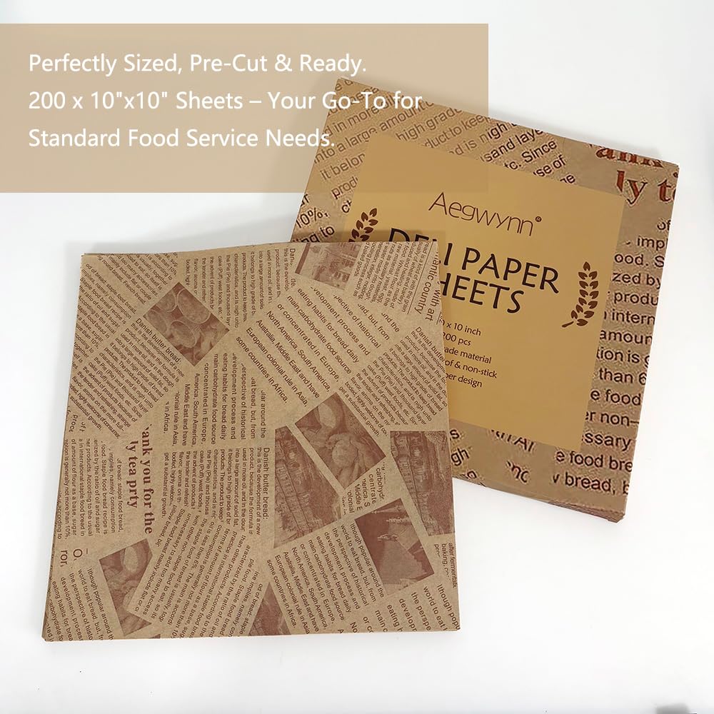 Aegwynn Deli Paper Sheets, Wax Coated, Food Safe, Grease-Proof, 10x10 Inch, 200 Count, Kraft Paper for Food Service, Sandwich Wrapping