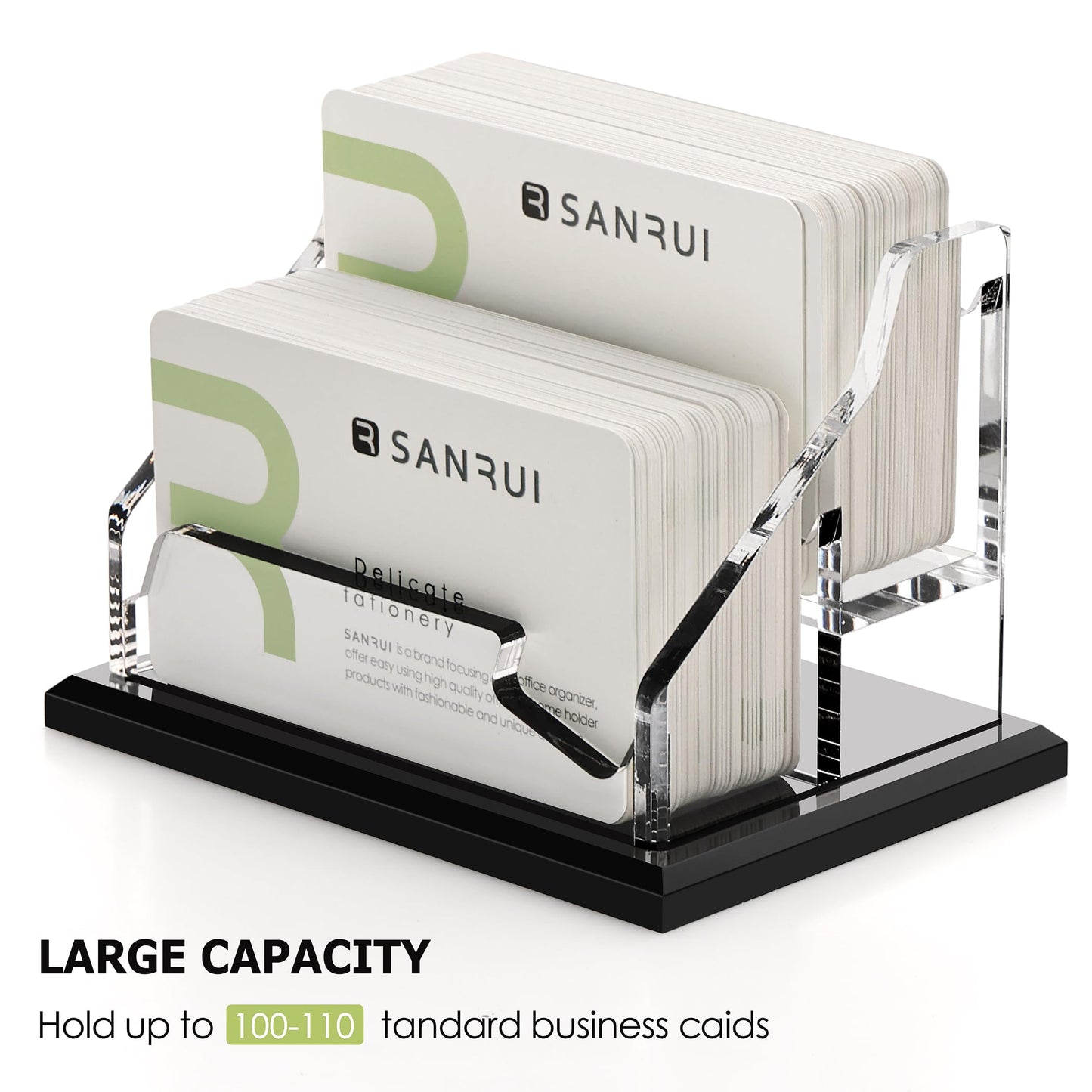 SANRUI Black Business Card Holder for Desk 2 Slot , Clear Acrylic Horizontal Name Card Stand for Women and Men, Desktop Organizer Display for Office Home Exhibition - 120 Card Capacity 1 Pack