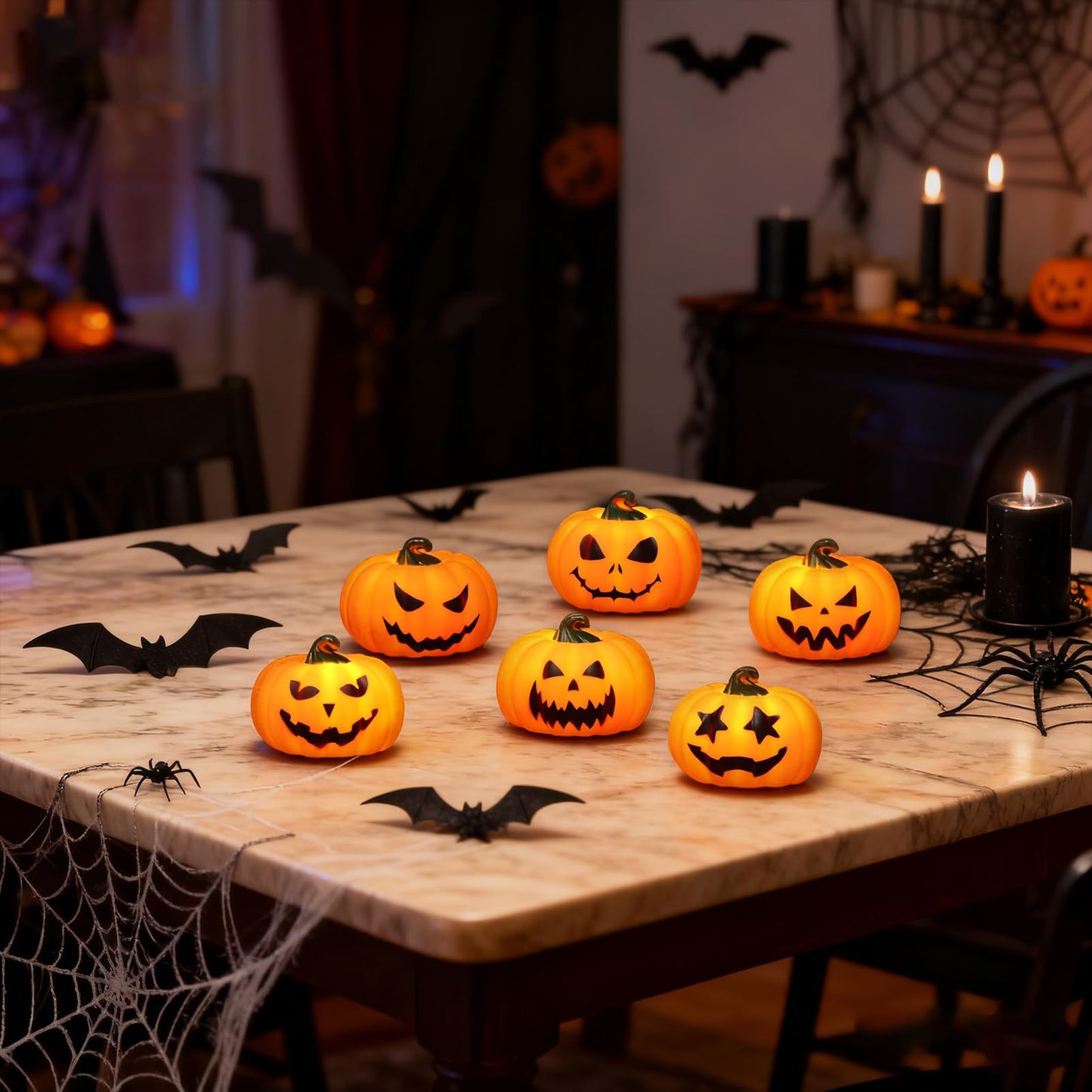 Wondise 6Pack Halloween Pumpkin Tea Lights with Remote and Timer, Battery Operated LED Orange Jack-O-Lantern Candles for Halloween Decor, Flameless Candles for Pumpkin Decorations