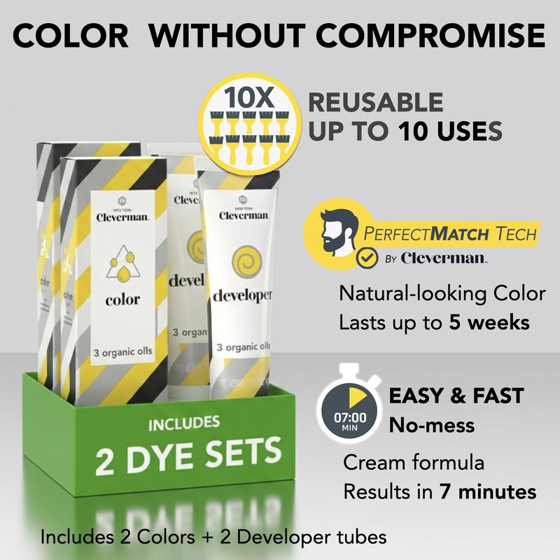 2X Reusable Hair & Beard Dye for Men – Dark Brown 3.1 | Up to 10 Uses, 7 Minutes | Natural Gray Coverage, No-Drip Cream with SkinArmour® – Cleverman