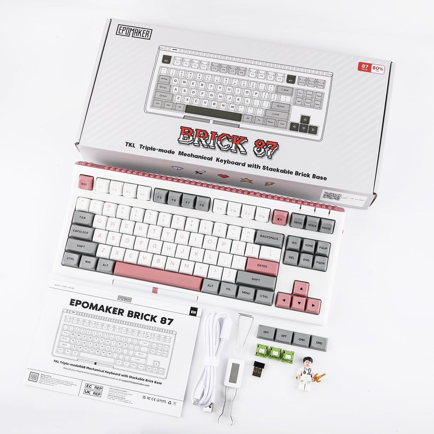 EPOMAKER Brick 87 Tri-Mode TKL Hot Swappable Mechanical Keyboard with Stackable Block Bar and Thumb-Scroll Knobs, 3000mAh Battery, RGB, Compatible with Win/Mac (Grey Pink, Wisteria Linear Switch)