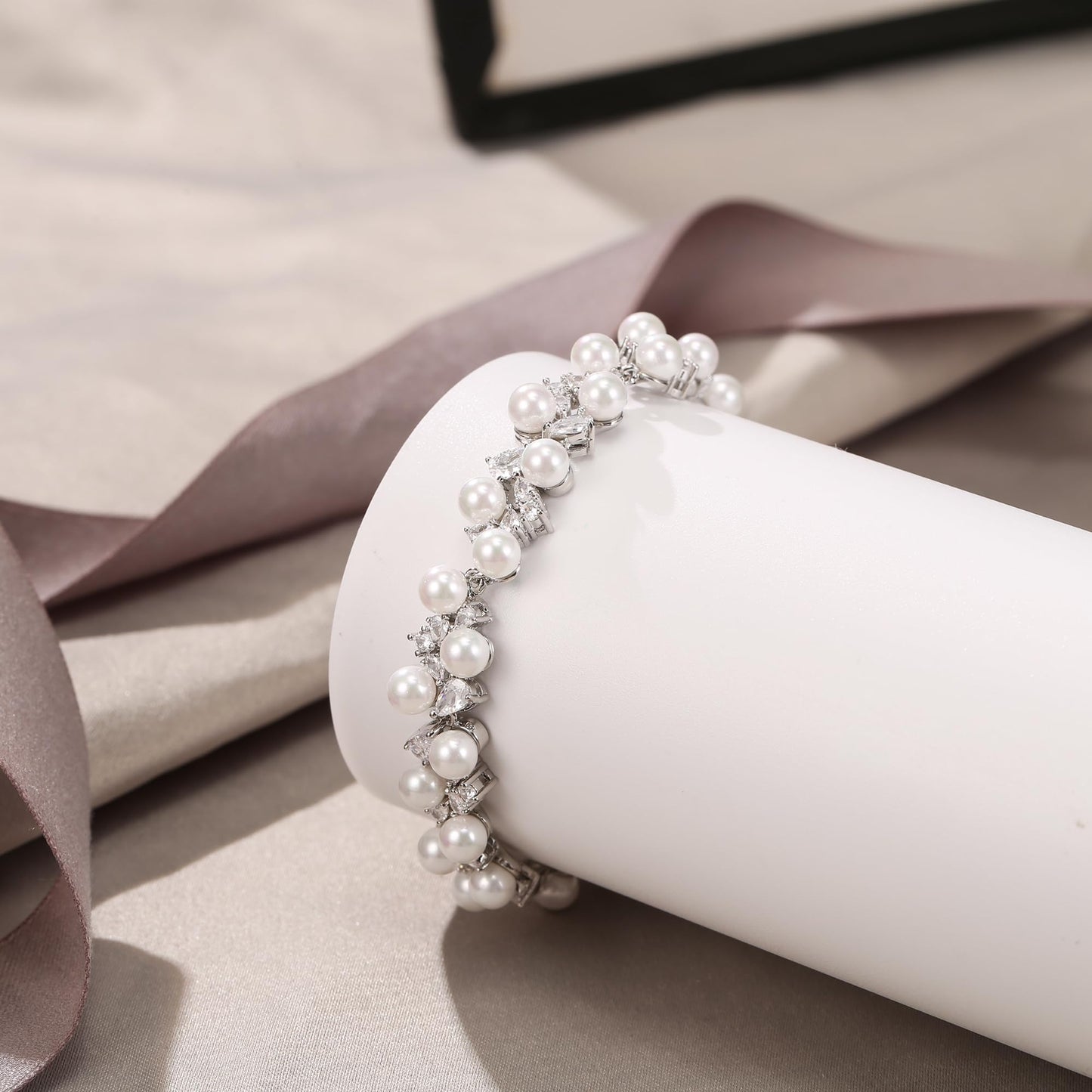 EVER FAITH Gorgeous Prong Setting Cubic Zirconia Wedding Jewelry Bracelet for Bride Bridesmaid, Elegant White Simulated Pearl Teardrop Tennis Bracelets Gift for Women Clear Silver-Plated-Brass