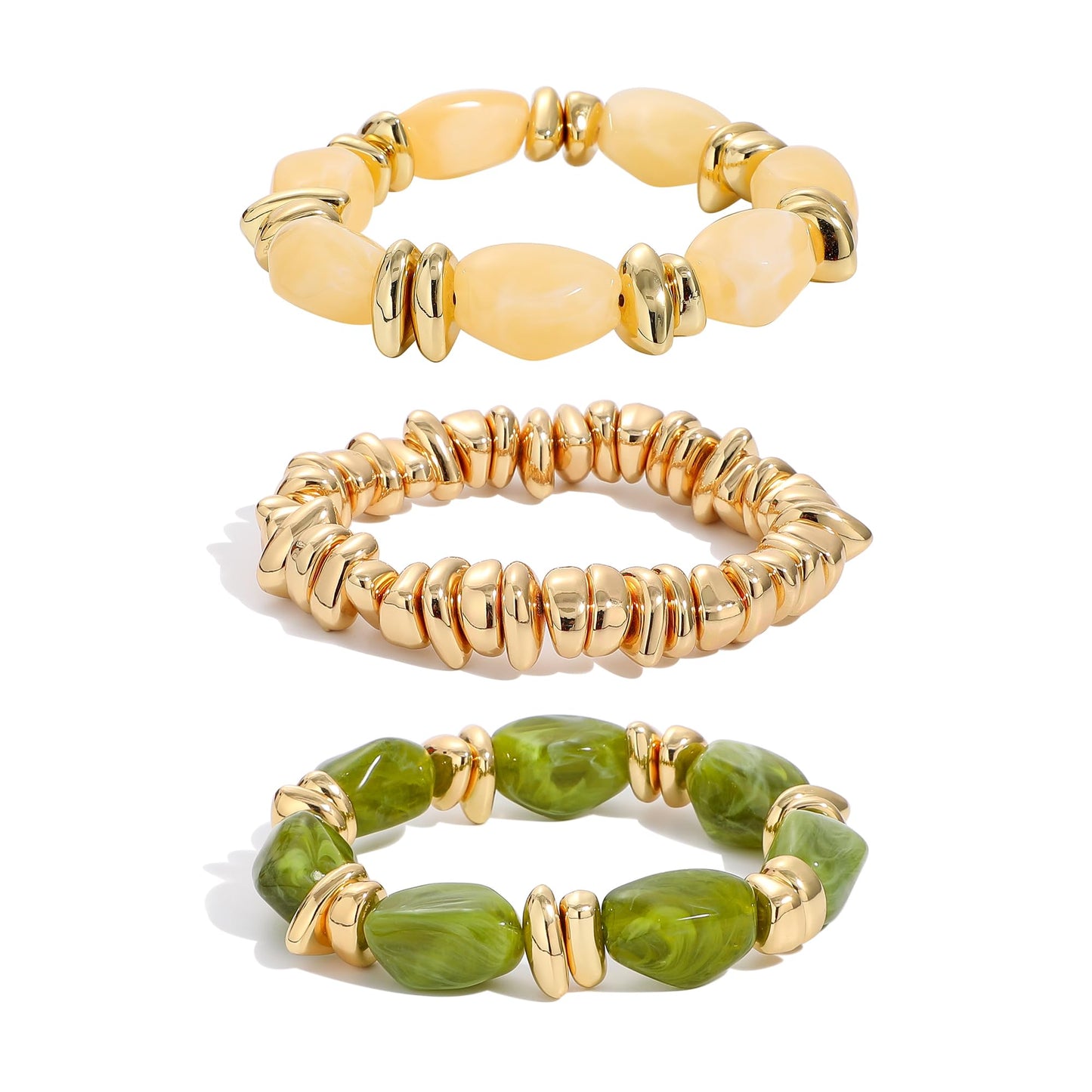 Sajidos Gold Plated Beaded Bracelets for Women Trendy, 14K Gold Plated Stack Cross Pearl Gold Plated Bead Stretch Bracelets Set Elastic Hypoallergenic Bracelets Jewelry Gifts (style13-beigreen)