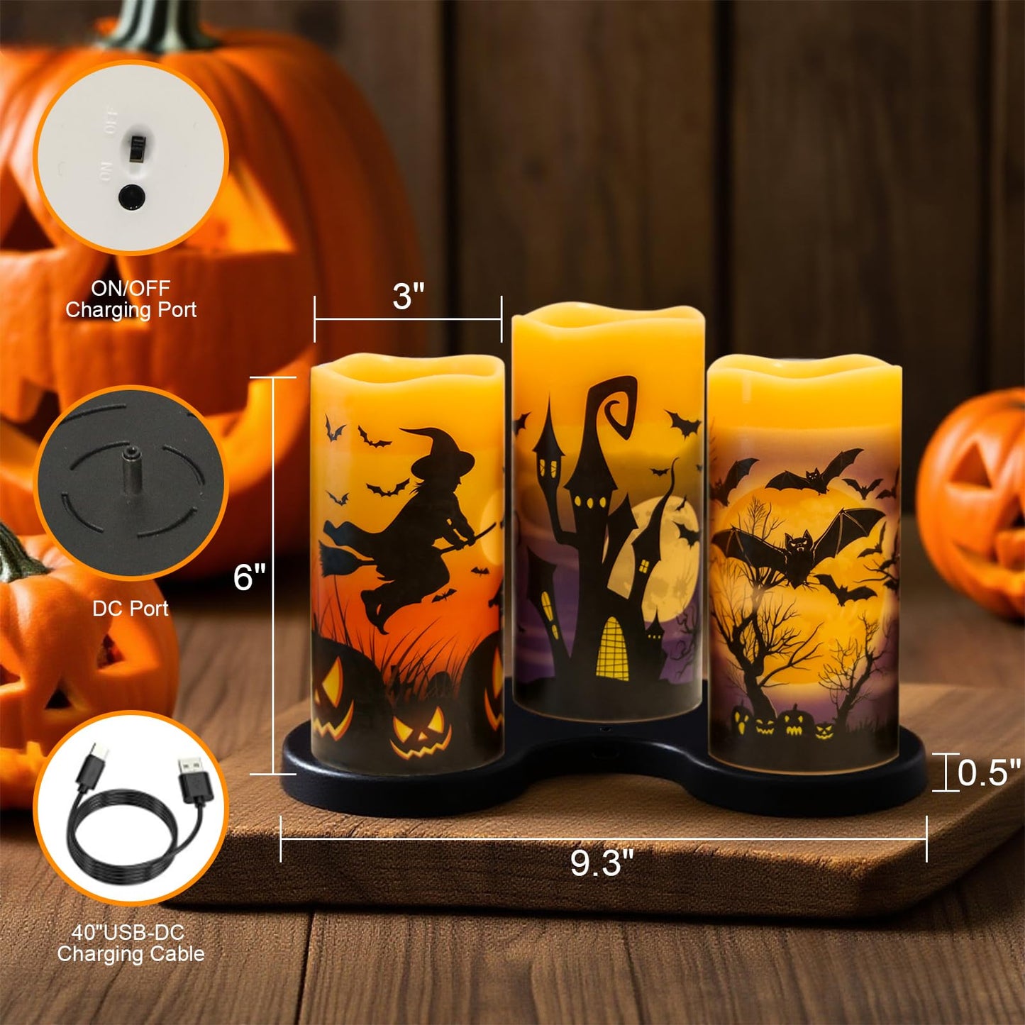 DRomance Rechargeable Halloween Flameless Candles Battery Operated with 6 Hour Timer Real Wax Flickering LED Pillar Candles Bats Witch Pumpkin Dinner Halloween Indoor Deocration(3 Pack, 3" D x 6"" H)"