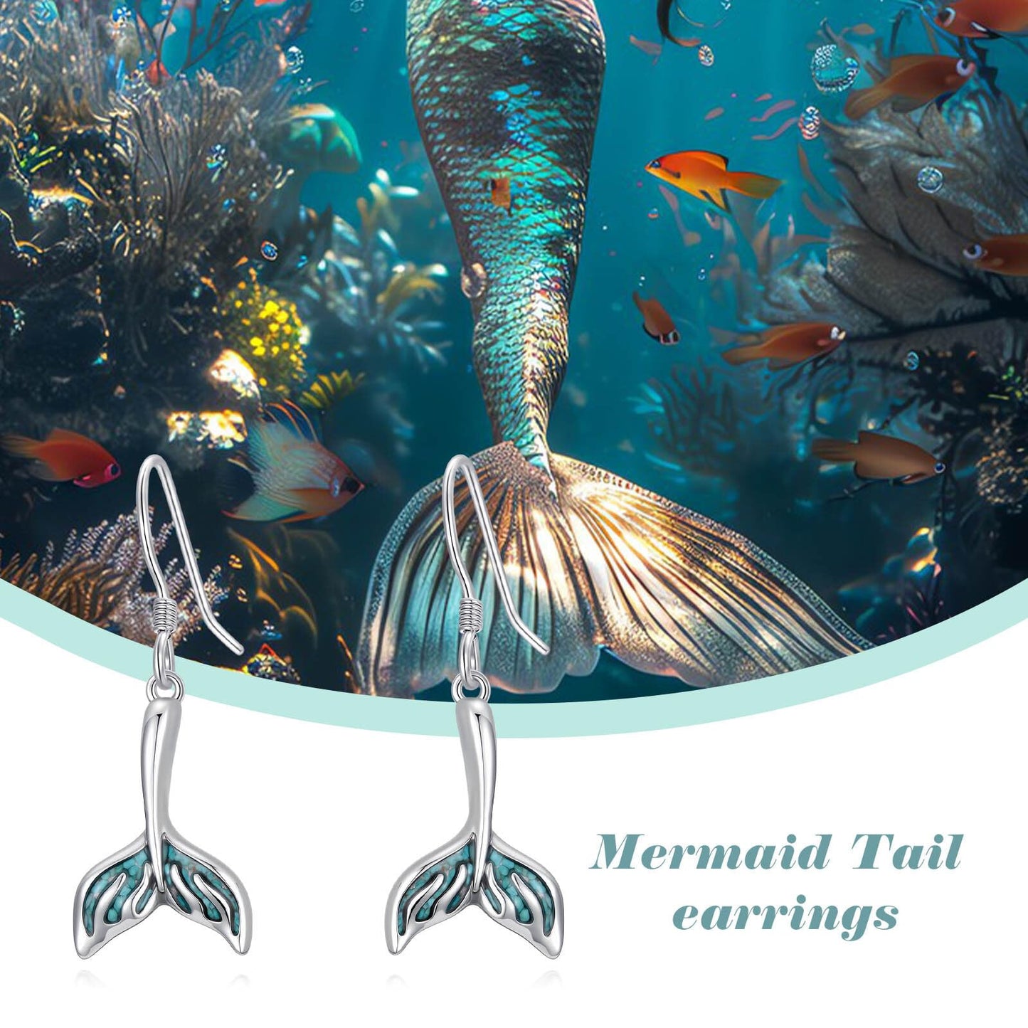 HPQQ Mermaid tail Earrings 925 Sterling Silver Turquoise Mermaid tail Dangle Earrings Ocean Beach Themed Jewelry Mother's Day Jewelry Gifts for Women