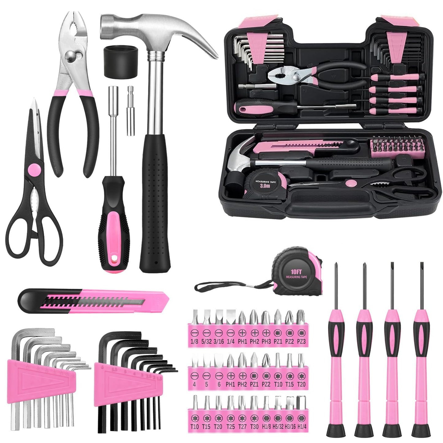 GETFOO 58-Piece Pink Home Tool Set | Basic Household Hand Kit for Women Girls Ladies | All Purpose Small Tool Kit with Storage Toolbox for Home Repair DIY