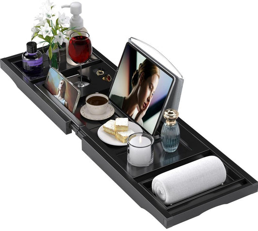 Bathtub Tray Caddy, Expandable Bath Trays for Tub, Bamboo Shelf & Table with Wine Glass Holder,Bathroom Accessories for New Home & Mothers Day & Birthday Gifts for Mom,Black