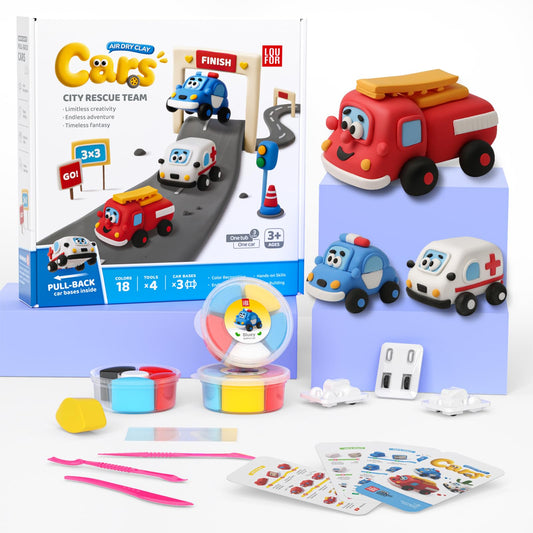 Air Dry Clay Kit for Kids - Pull Back Car Making, 3 Boxes Modeling Clay with Sculpting Tools, Base, Backing Board, Tutorial, Ultra Light & Soft, Non-Toxic & Safe, Creative DIY Arts and Crafts Toys