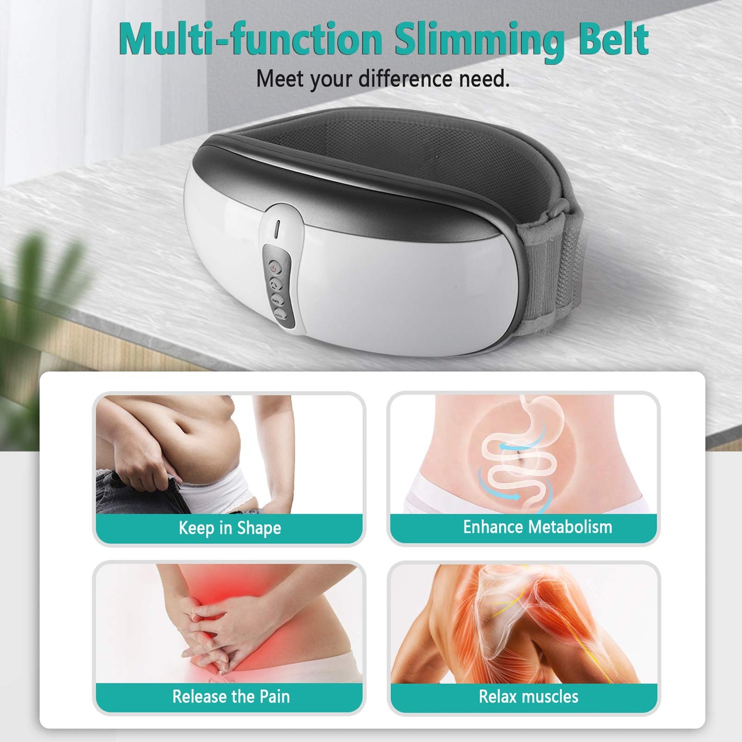 rilassa Wireless Slimming Belt, Abdominal Massager Portable Weight Loss Machine with 4 Vibration Massage Modes, Heating, Improve Blood Flow
