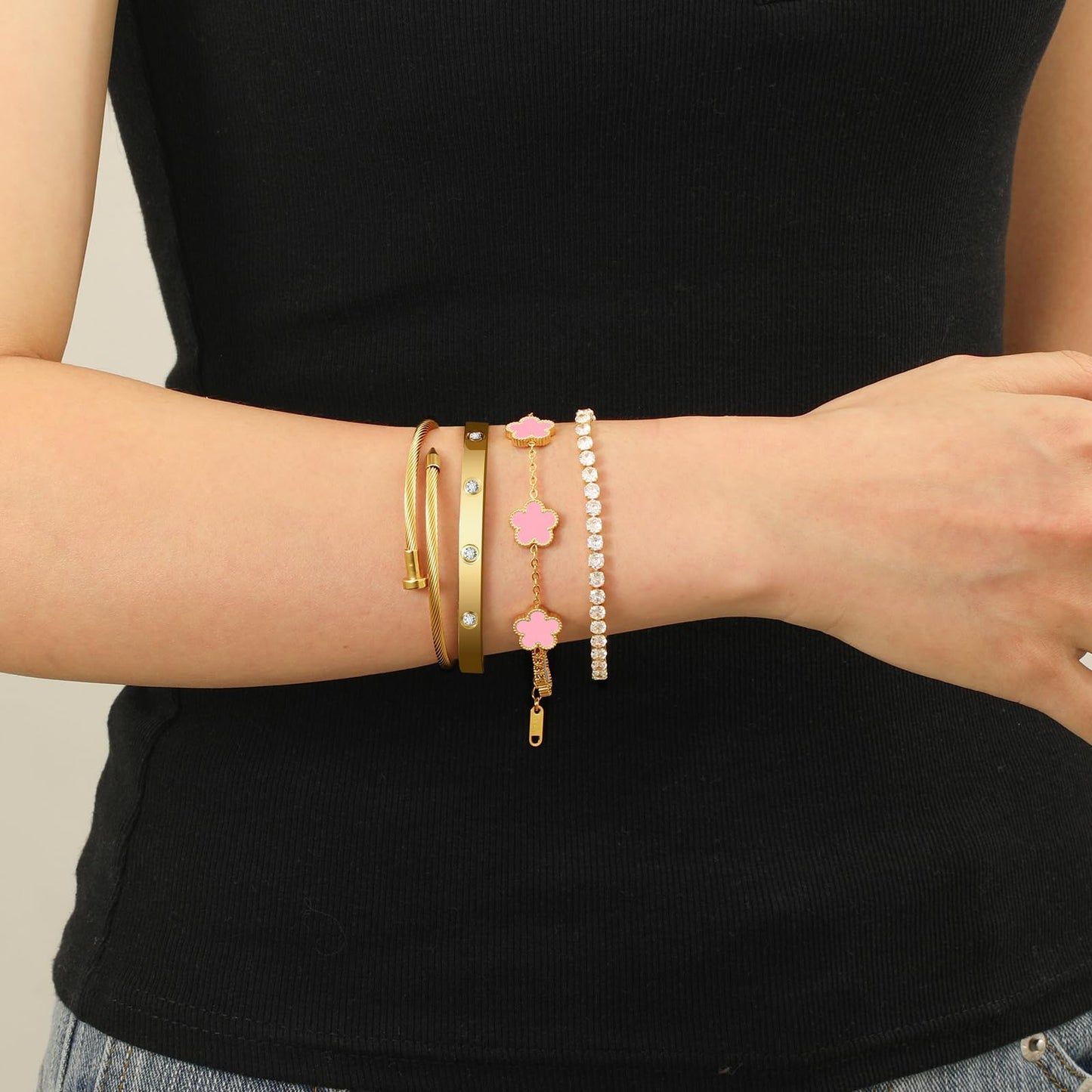 MEIERYA 18K Gold Plated Womens Stackable Floral Bracelets Set,Twisted Cable Bangle,Trendy Jewelry,Waterproof adjustable bracelet,Christmas Birthday Gifts for Girlfriend or Mother. (05-Color-pink)