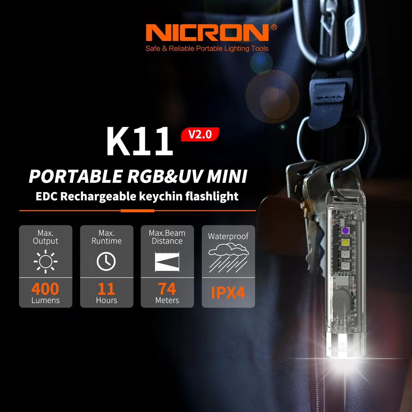 NICRON K11 Rechargeable Keychain Flashlight Lightweight,400 Hight Lumen with Extra 4 Sidelight, IPX4 EDC Mini Flashlight Be Used for Camping Outdoors Emergency Daiy Use