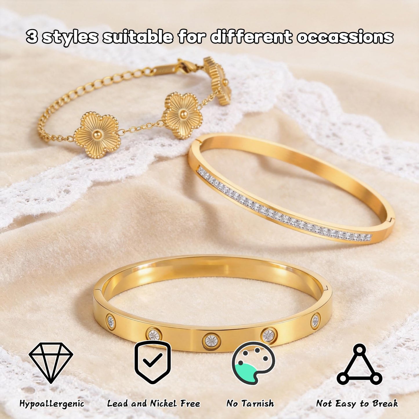Ciormis 18K Gold Bracelet Stack, 3 Pcs Clover Nail Love Bangle Bracelets Set for Women Trendy Five Leaf Flower Jewelry Non Tarnish Gift Jewelry Braclets for Valentines Birthday Mother's Day Christmas