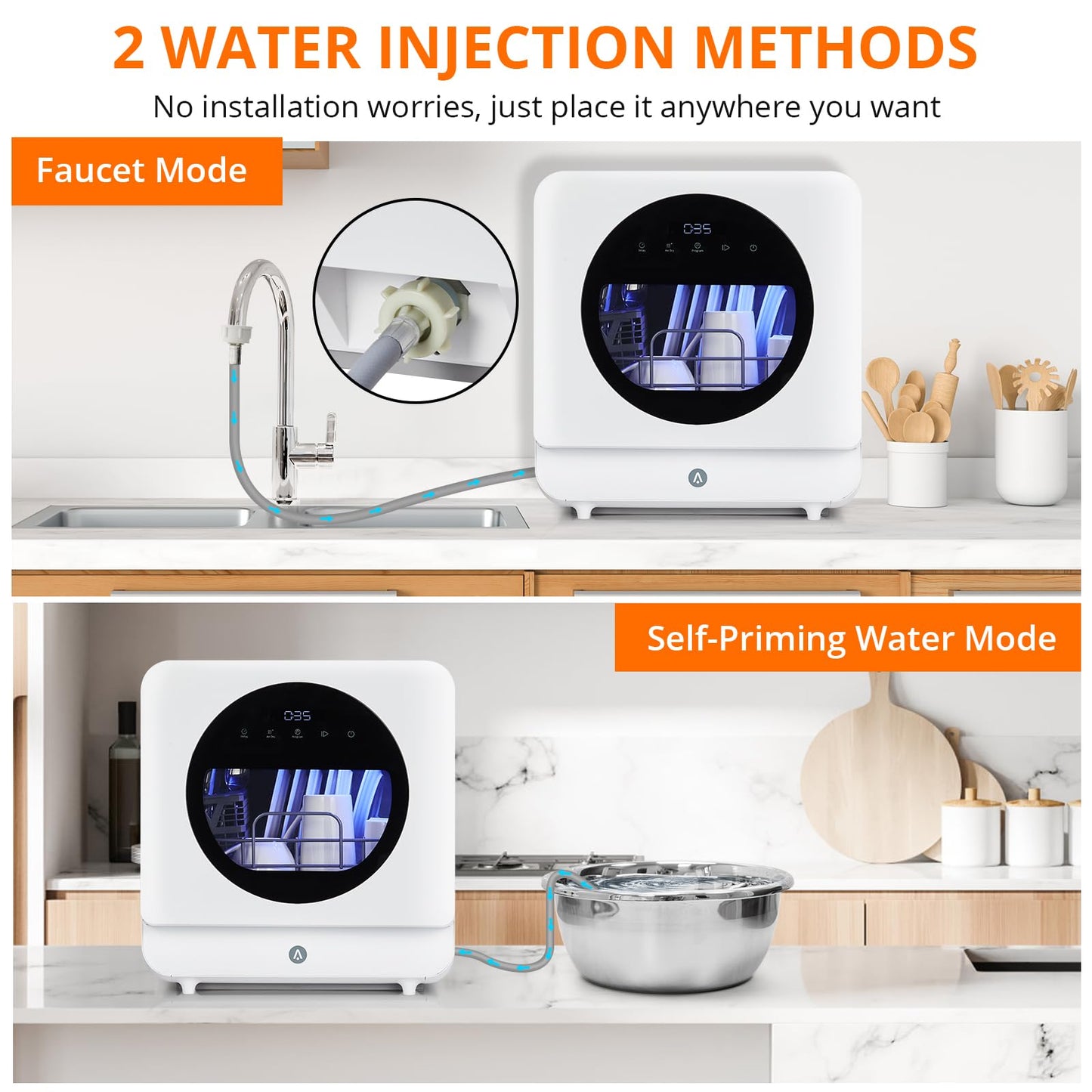 Smart Compact Dishwasher with 6 Wash Cycles & Dual Fill Technology, Countertop Portable for Modern Apartments, Dorms, and Boats – No Installation, Space-Saving Design with Self-Priming Mode