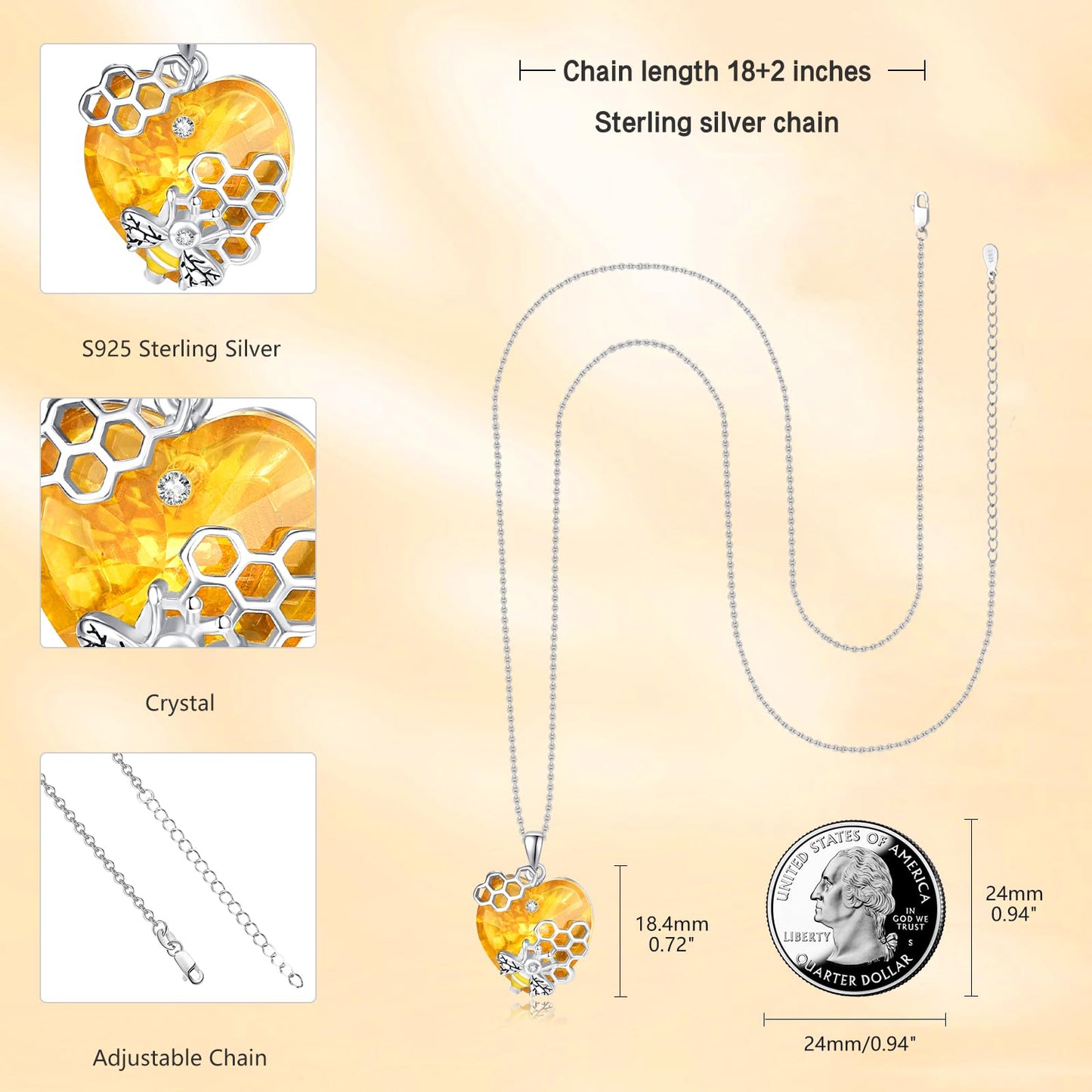 AENEAS Valentines Day Gifts for Women Her Bee Necklace 925 Sterling Silver Honey Bee Pendant Necklace with Love Heart Citrine Crystal Jewelry Gifts for Birthday Christmas Anniversary