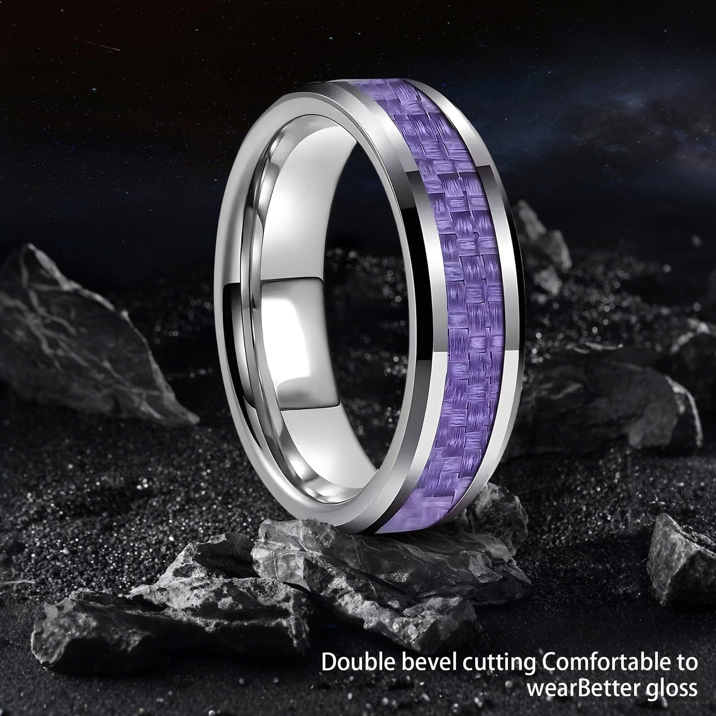 HJIMMNHONG New Carbon Fiber Fashion Rings Double Beveled Edge Delicate Polished Simple Stainless Steel Mens and Women Rings,8mm,Purple,Size10