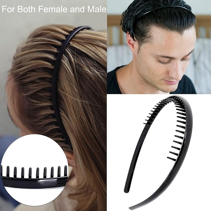 ULTIMUTE 8 PCS Fashion Effortless Plastic Headbands with Teeth Comb Black Skinny Headbands No Slip Hair Accessories Bands for Women Men Teen Girls, Lacquered Black