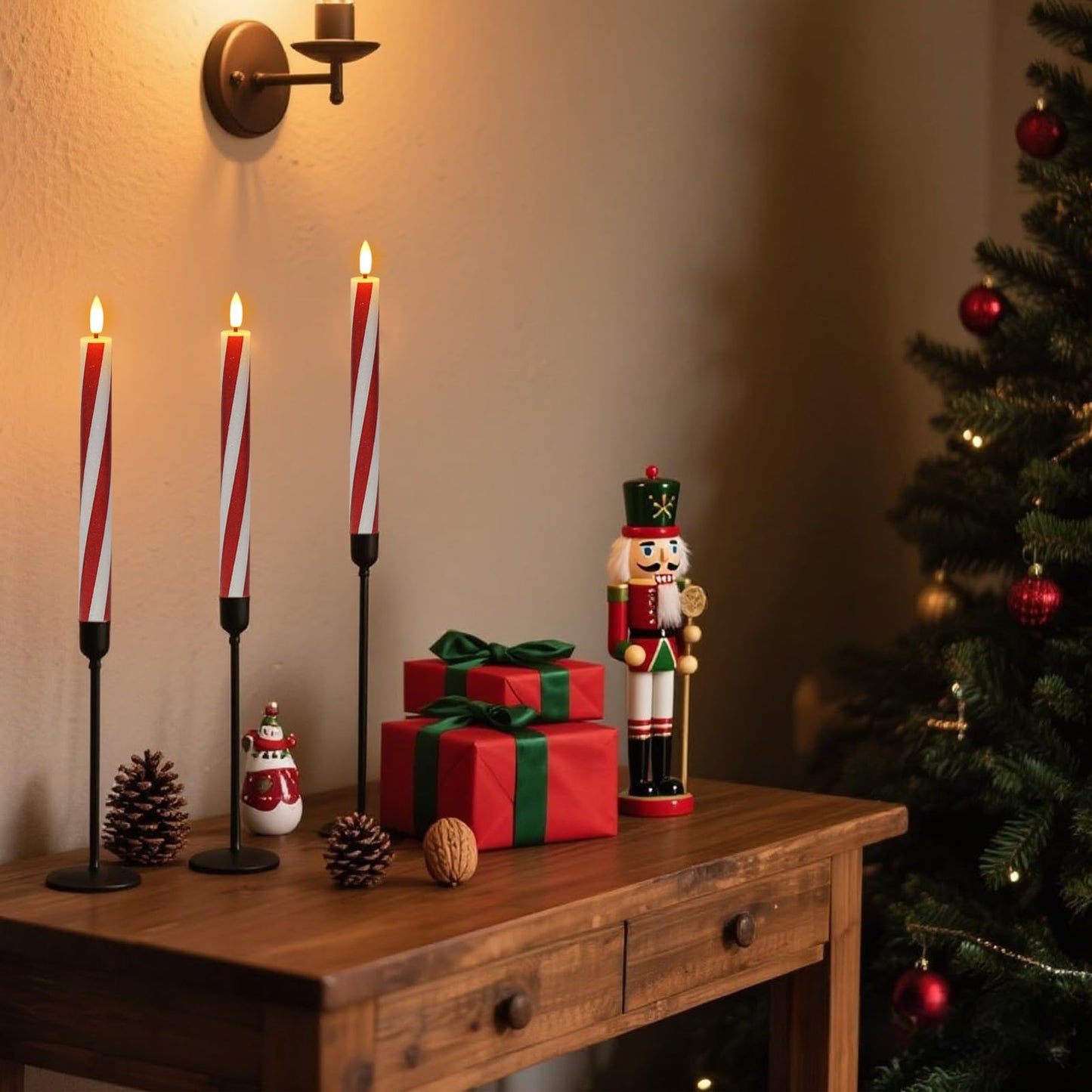 DRomance Christmas Flameless Taper Candles Flickering Battery Operated with Remote Timer, 2 Pack Real Wax 3D Wick LED Taper Candles Candy Cane Decals Holiday Indoor Dinner Decor(0.76" D x 9.65"" H)"