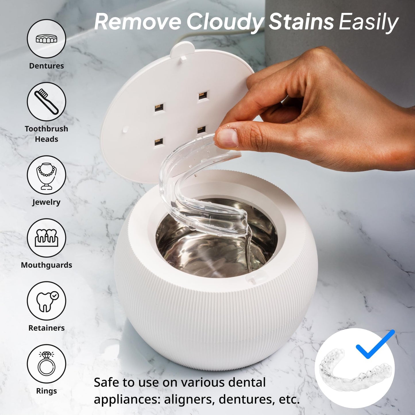 Swissker by Swissklip ShinePod Ultrasonic Retainer Cleaner Machine – Dental Pod Ultrasonic Cleaner for Dentures, Aligners, Mouth Guards, Invisalign Cleaning – UV Sterilization – White