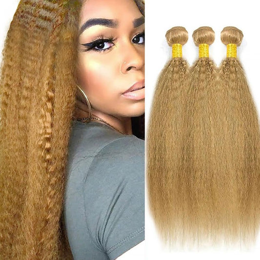 Honey Blonde Human Hair Bundles 16 18 20Inch Yaki Straight Wave Bundles Human Hair Unprocessed Native Virgin Hair 100/PC 3 Extensions #27 Blonde Color Wet and Wavy Human Hair Extensions for Women