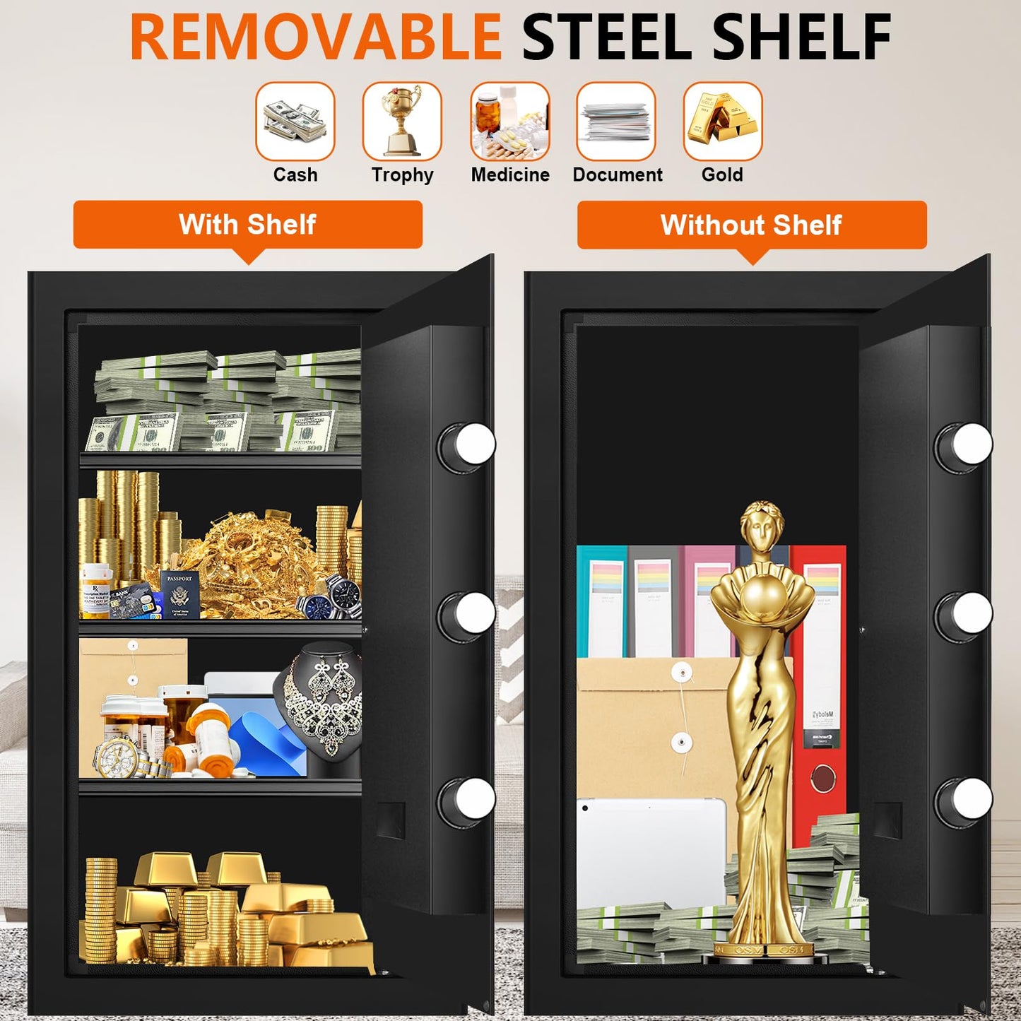 6.0 Cuft Large Fire and Waterproof Safes for Home, Anti-theft Fireproof Lock Box with Digital Keypad, Removable Shelves and Alert System, Personal Fire Proof Safe for Home Documents Valuables