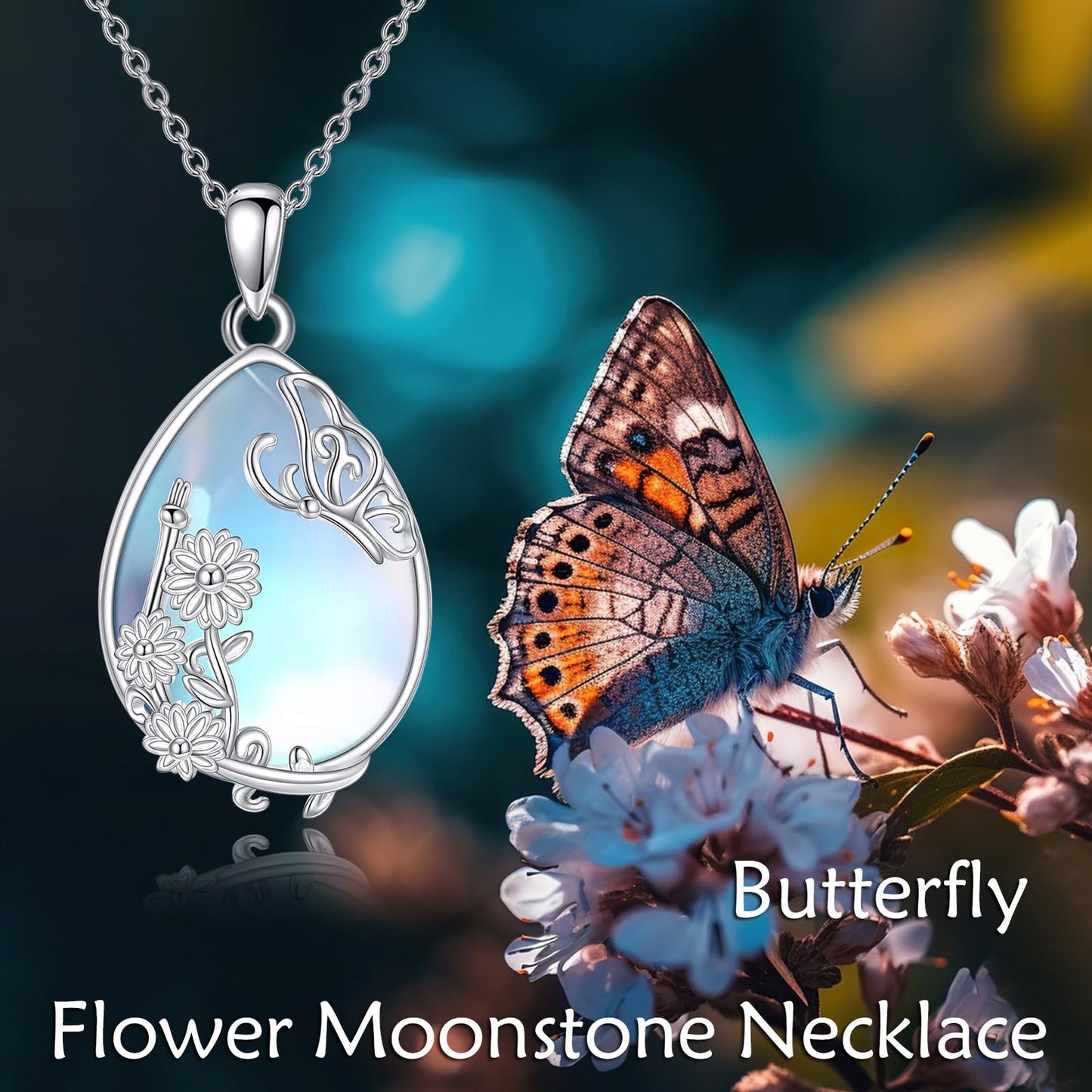 YAFEINI 925 Sterling Silver Moonstone Necklace Filigree Butterfly Pendant Necklace Jewelry for Women (Y-Butterfly Moonstone Necklace)