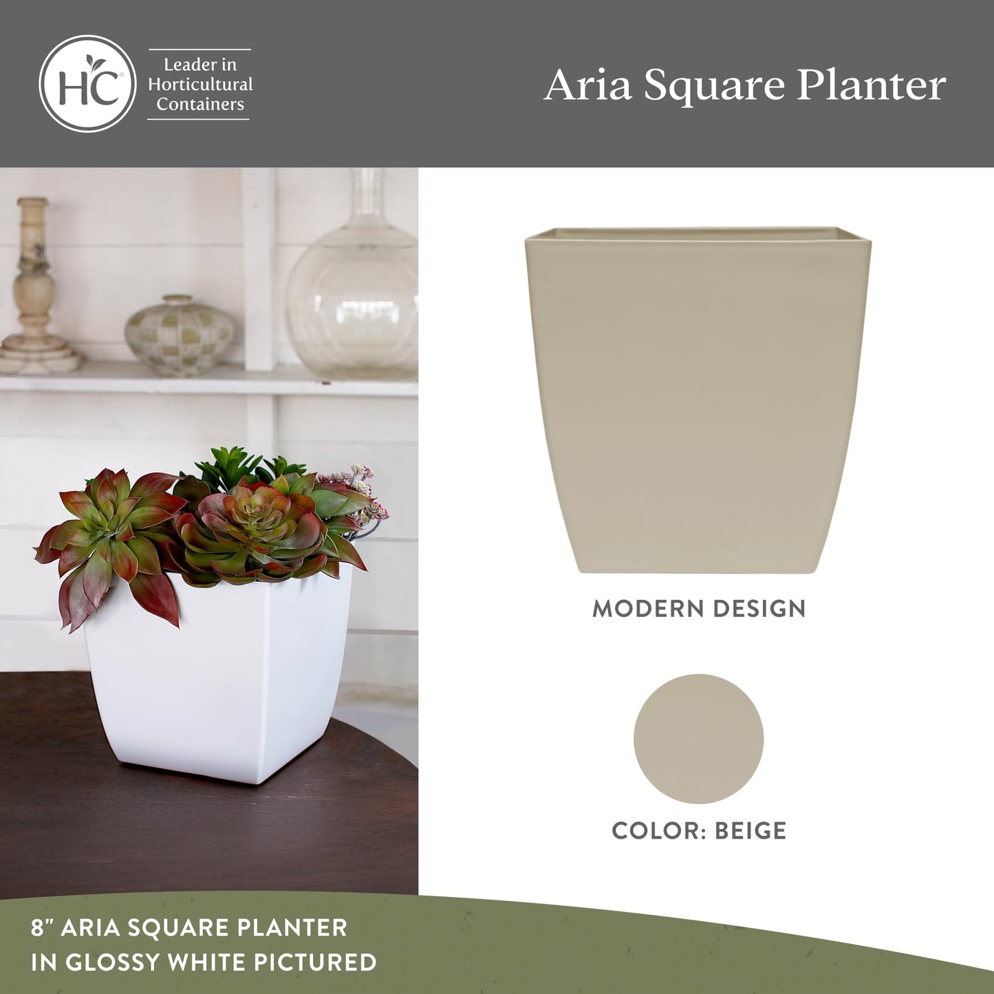 The HC Companies Aria Self Watering Square Plant Pot w/Drainage - Classic Planters for Outdoor Plants & Indoor Plants -Lightweight & UV-Resistant Plastic Pots for Plants (6" Beige, Pack of 1)