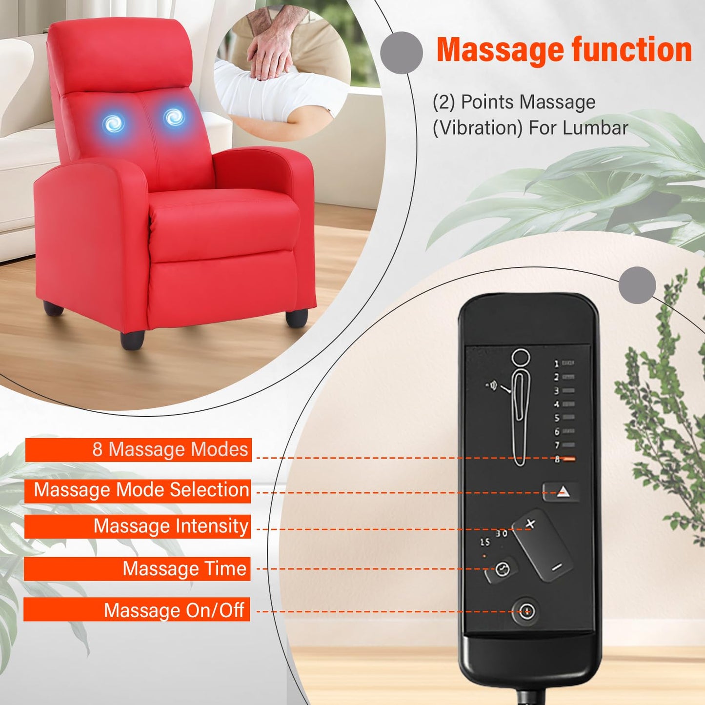 Dopinmin Recliner Chair PU Leather Massage Single Sofa Home Theater Seating Breathable Padded Reading Sofa with Footrest for Bedroom Living Room,Red